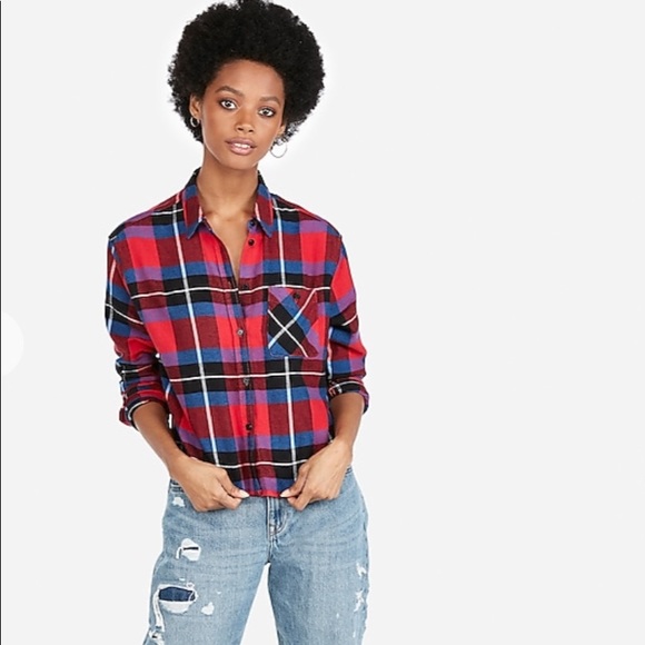 Express Womens Red Plaid Flannel Crop 